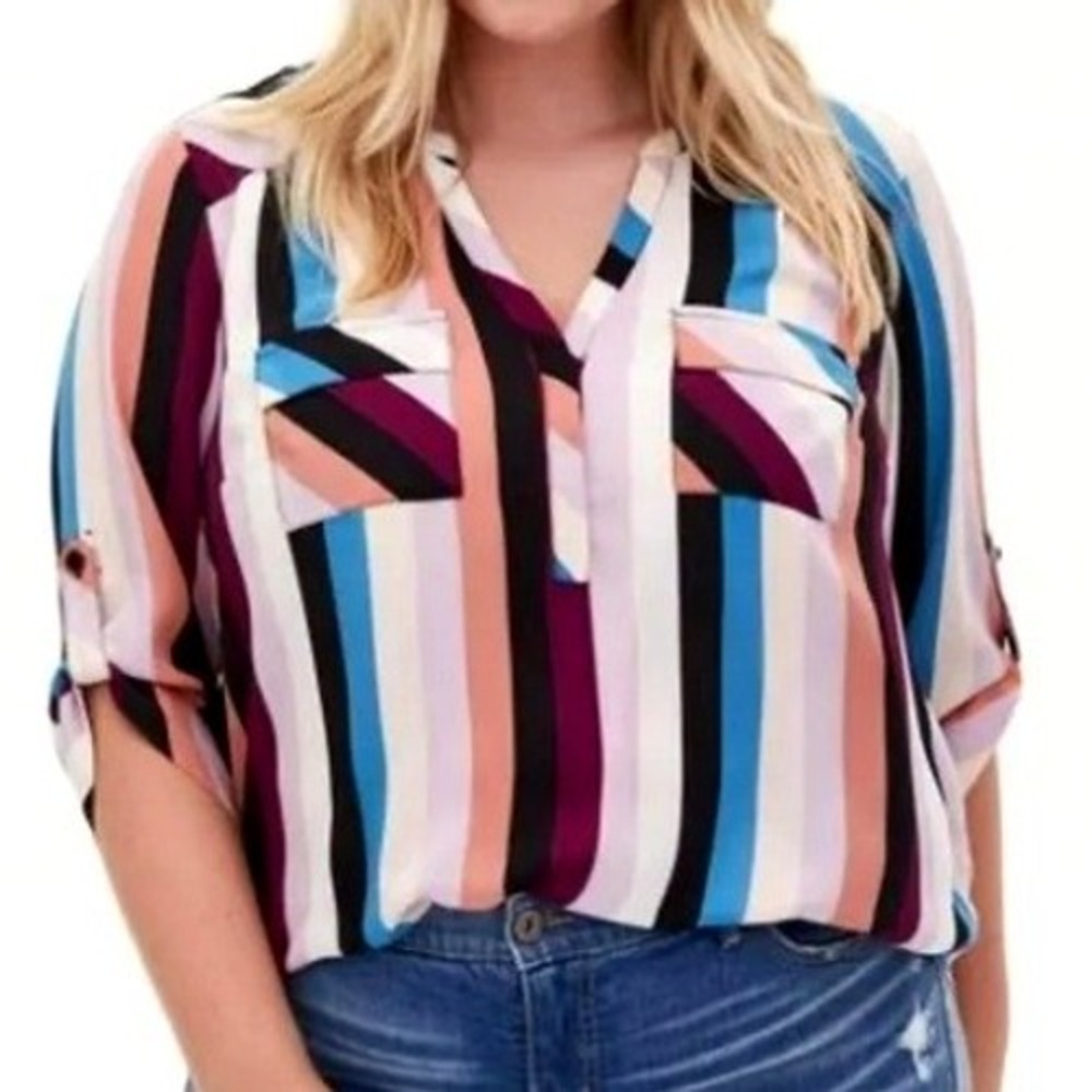 TORRID Womens 4X Colorful Vertical Stripe Harper Georgette 3/4 Sleeve Blouse Top
